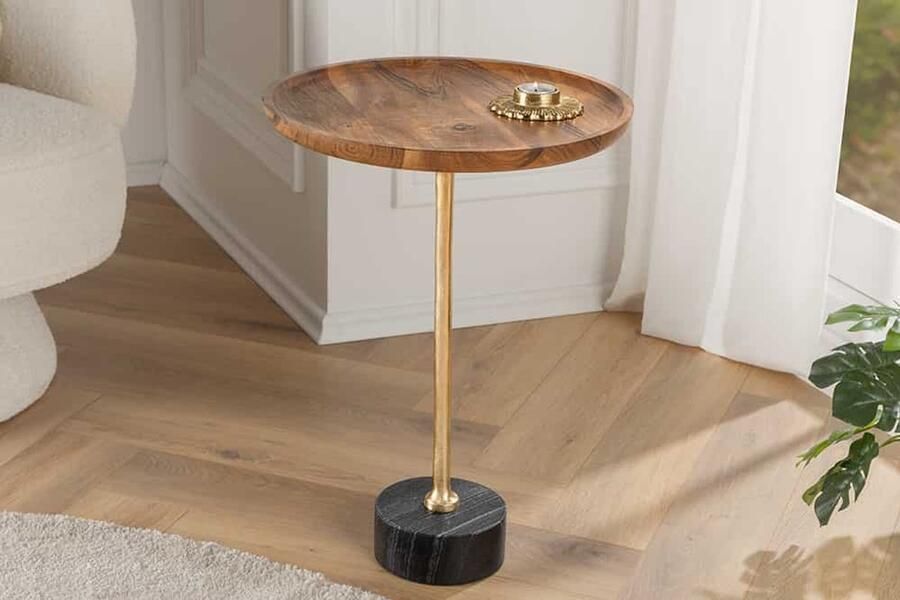 Invicta Interior Design bijzettafel TRAYFUL 55cm acacia rond goud met zwart marmeren onderstel 41282