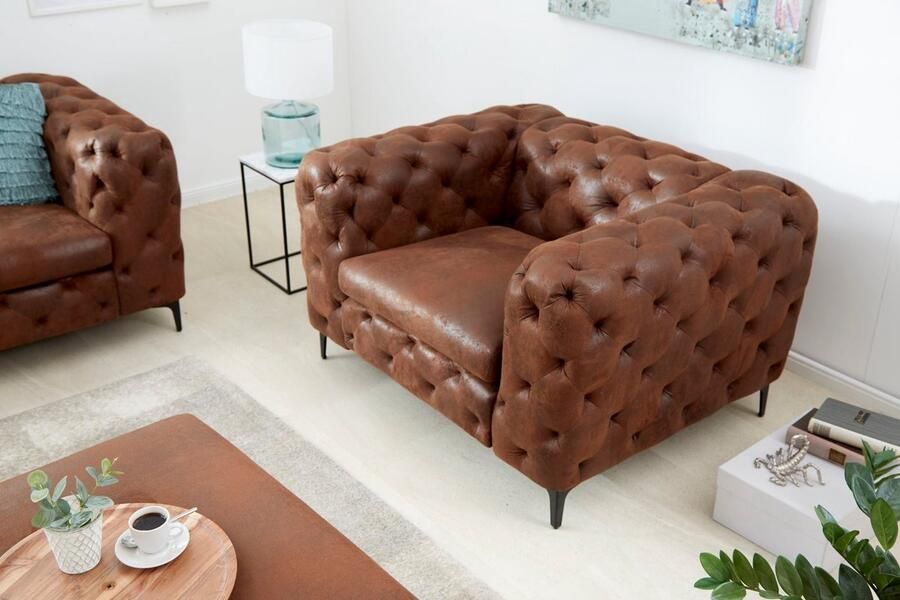 Invicta Interior Design Chesterfield Fauteuil MODERN BAROK 120cm antiek bruin microvezel met veerkern 44399 - Foto 2