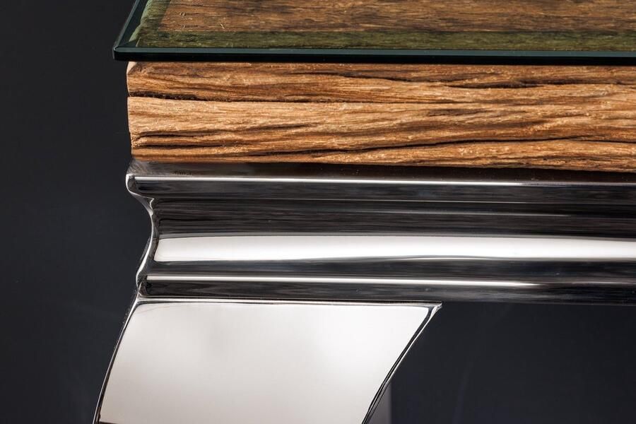 Invicta Interior Design Console Tafel MODERN BAROK 140cm Naturel Chroom Teak Roestvrij Stalen Glazen Blad 44364