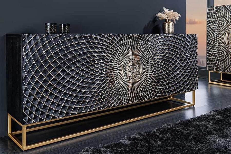 Invicta Interior Design dressoir ILLUSION 180cm zwart mangohout massief hout met 3D houtsnijwerk goud ijzer metalen frame 44320 - Foto 2