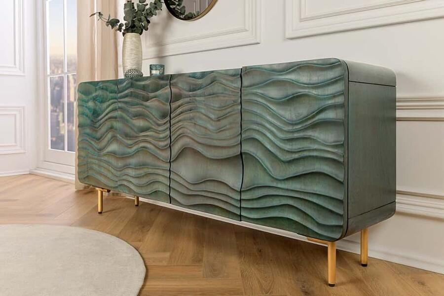 Invicta Interior Design Dressoir WAVE 160cm turquoise mangohout massief hout mat goud metalen poten 45635 - Foto 2