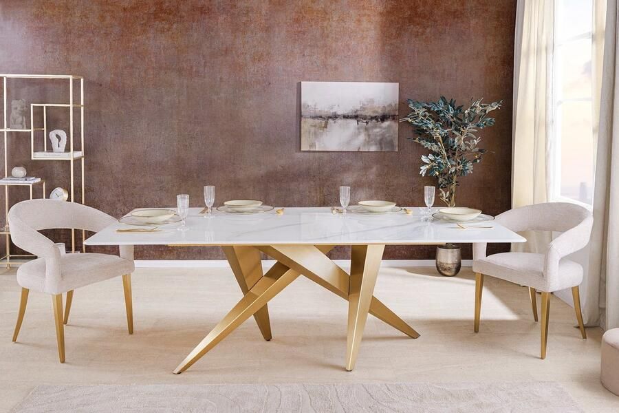 Invicta Interior Design eettafel ART LIVING 200cm wit marmer keramiek metaal geborsteld champagne goud 46202