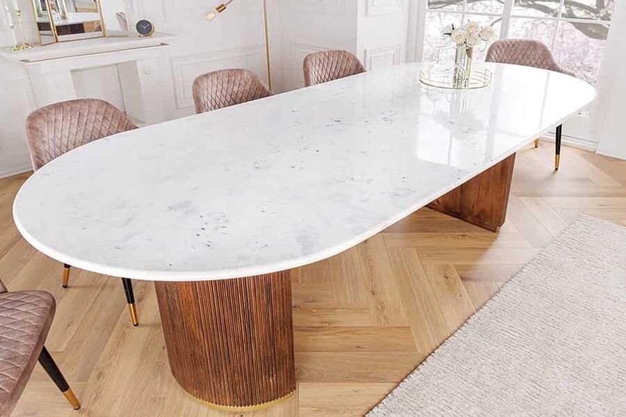 Invicta Interior Design eettafel GATSBY 240 cm bruin goud mangohout ovaal wit marmeren blad 44084