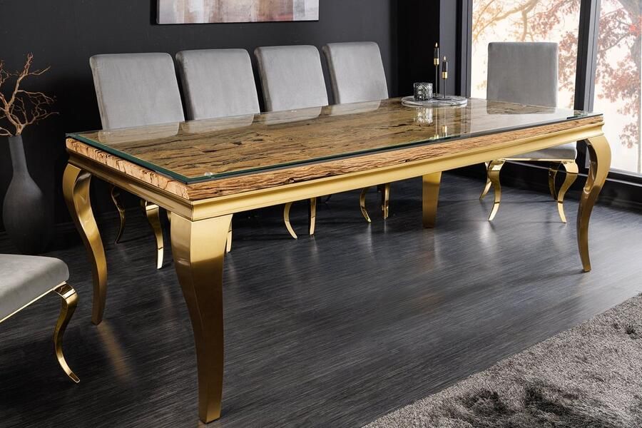 Invicta Interior Design eettafel MODERN BAROK 200cm naturel goud teakhouten roestvrijstalen blad 44362