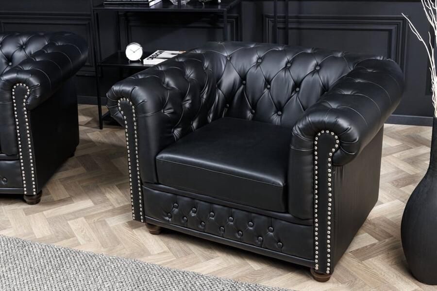 Invicta Interior Design fauteuil CHESTERFIELD 110cm matzwart knoopstiksel veerkern 41448 - Foto 3