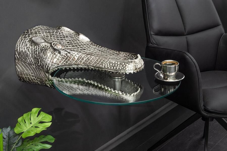 Invicta Interior Design Hangtafel WILDLIFE CROCODILE 60cm Zilverkleurig Metalen Krokodil Bijzettafel 44843