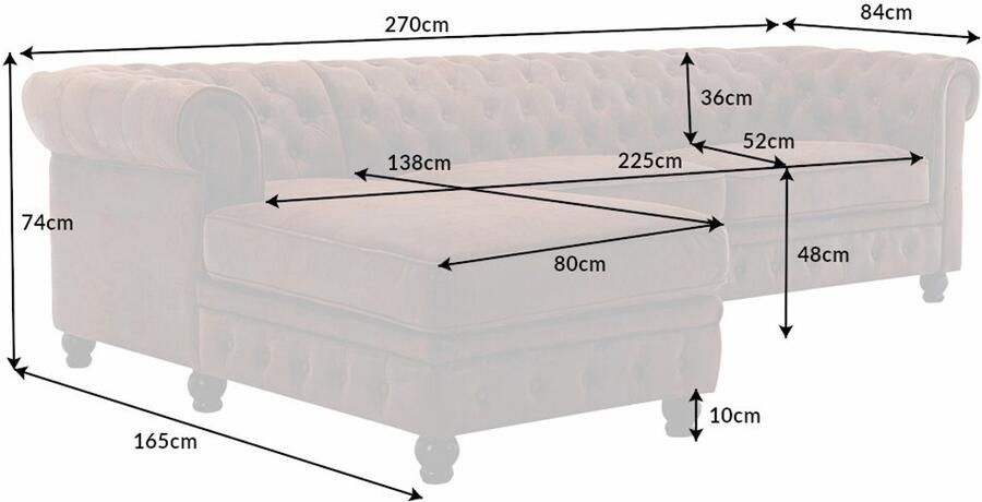 Invicta Interior Design hoekbank CHESTERFIELD 270cm Antiek Bruin Microvezel Lente Ottomaanse Links Vintage 40611