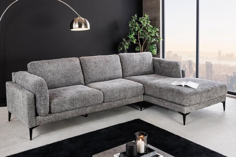 Invicta Interior Design hoekbank MANHATTAN 295cm Grijze getextureerde stof Chenille Spring Core 3-zits metalen poten 44278