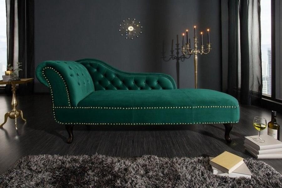 Invicta Interior Design chaise longue CHESTERFIELD 170 cm smaragdgroen fluwelen knoopsluiting klinknagels 39429