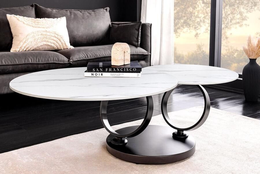 Invicta Interior Design salontafel DANCING RINGS wit ronde draaibaar marmer keramiek zwart metaal 46356