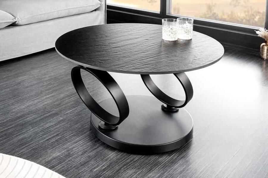 Invicta Interior Draaibare salontafel DANCING RINGS zwart grijs beton leisteen keramiek rond metalen onderstel 44316