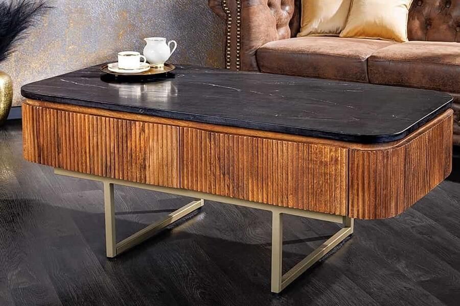 Invicta Interior Design salontafel GATSBY 110cm massief mangohout marmeren blad retro met lades goud 43338