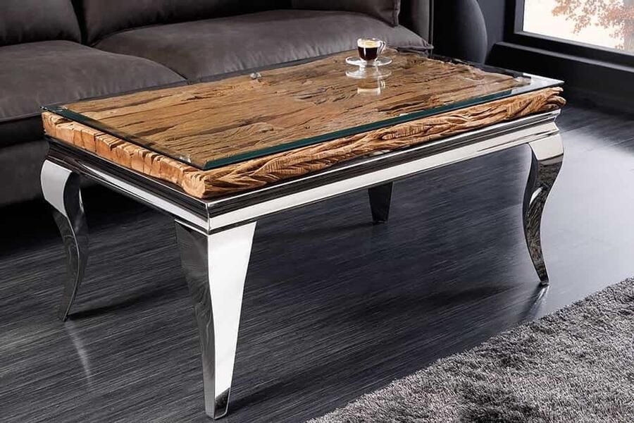 Invicta Interior Design salontafel MODERN BAROK 100 cm naturel chroom teakhouten roestvrijstalen blad 6044365