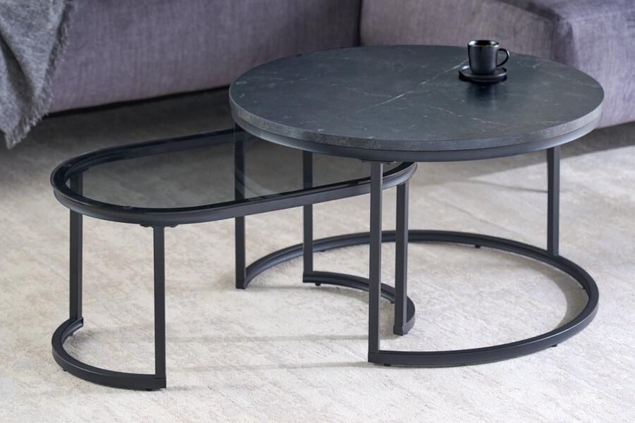 Invicta Interior Set van 2 salontafel ELEGANCE 70cm grafiet marmer design glas metaal rond ovaal 43641