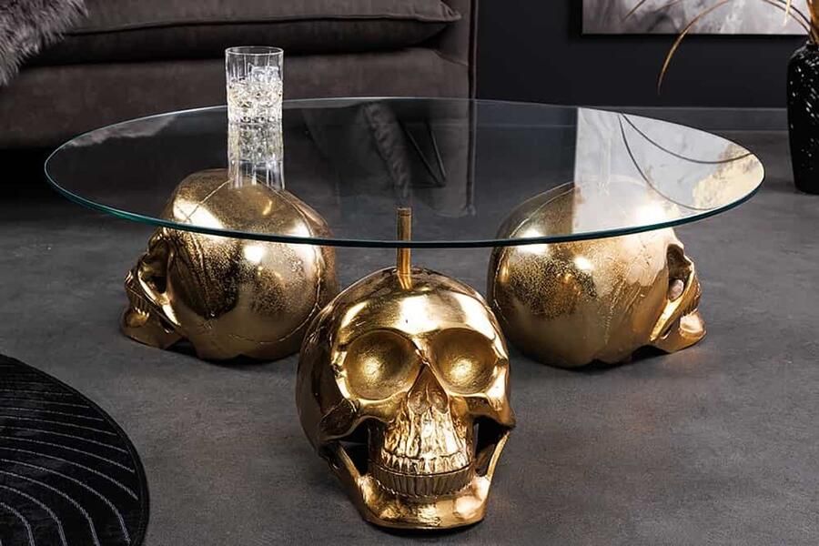 Invicta Interior Design salontafel SKULL XXL 90cm goud rond glazen blad metalen schedel handgemaakt 43496