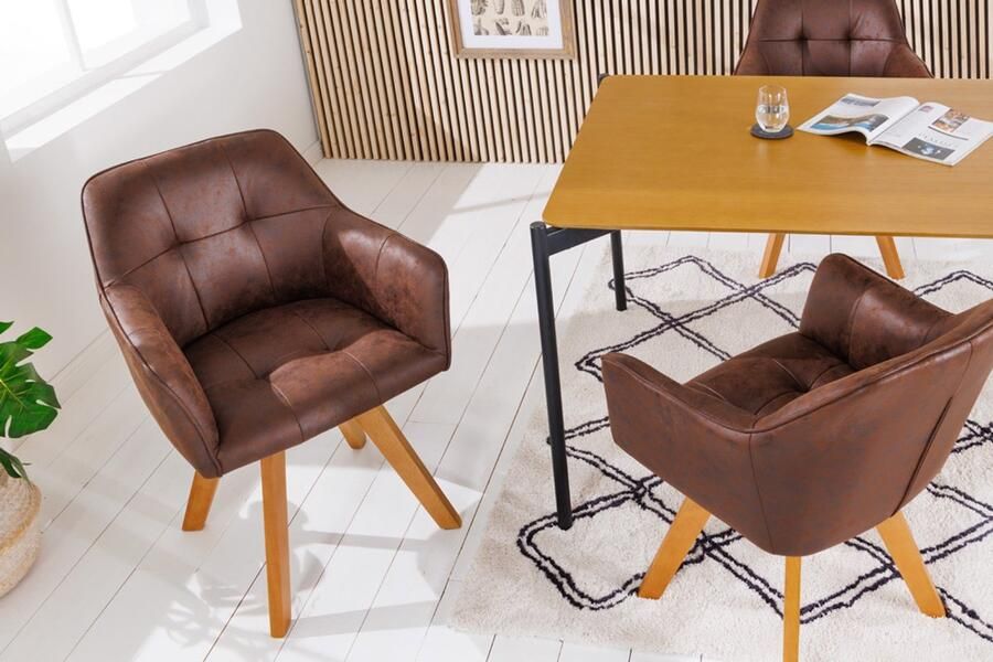 Invicta Interior Design Stoel LOFT Antiek Bruin Microvezel Draaibaar Massief Beukenhout met Armleuning 42389