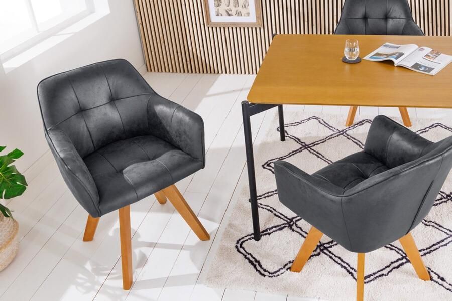 Invicta Interior Design Stoel LOFT Antiek Grijs Microvezel Draaibaar Massief Beukenhout met Armleuning 42388