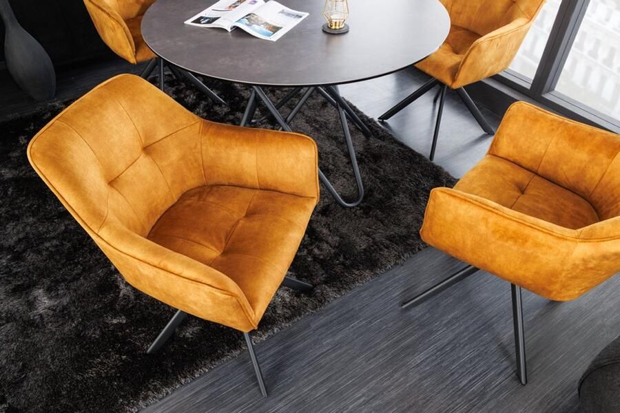 Invicta Interior Design Stoel LOFT Mosterdgeel Fluweel Draaibaar Metalen Onderstel Zwart met Armleuning 42392