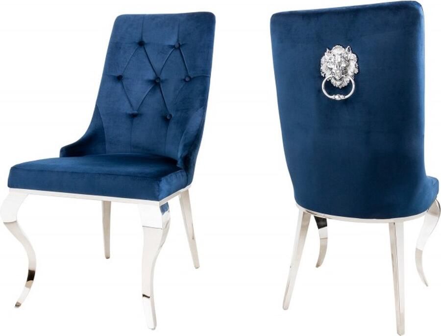 Invicta Interior Design stoel MODERN BAROK koningsblauw fluweel met zilveren leeuwenkop 41505