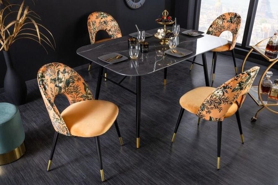 Invicta Interior Design stoel Seraph Finesse-A-Noble Allure geel fluweel bloemmotief en gouden voetdoppen