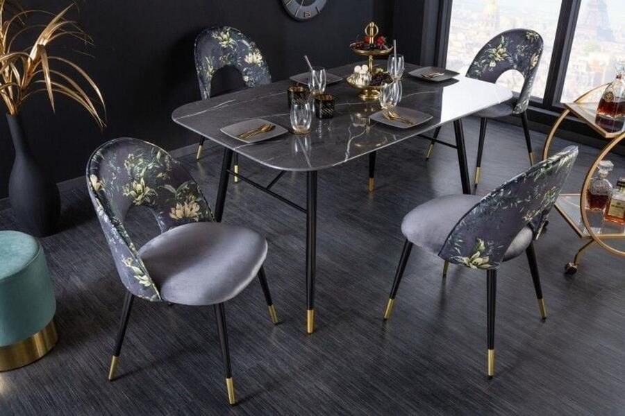 Invicta Interior Design stoel Seraph Finesse-A-Noble Allure grijs fluweel bloemmotief en gouden voetdoppen