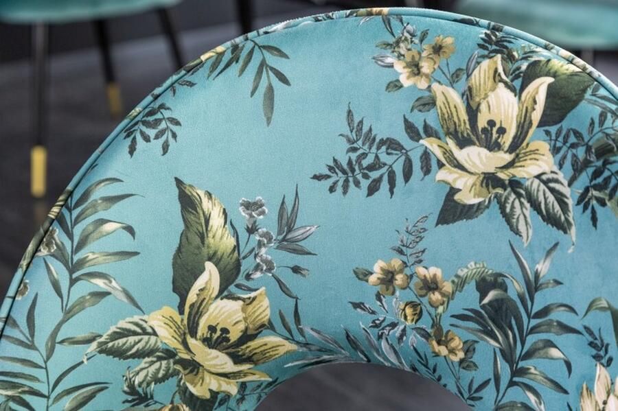 Invicta Interior Design stoel PRÊT-À-PORTER turquoise fluweel bloemmotief en gouden voetdoppen 41702