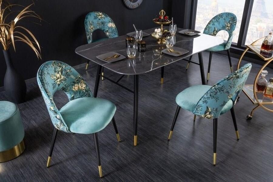 Invicta Interior Design stoel Seraph Finesse-A-Noble Allure turquoise fluweel bloemmotief en gouden voetdoppen
