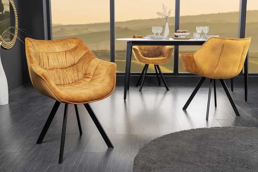 Invicta Interior Design stoel THE DUTCH COMFORT mosterdgeel fluweel met armleuning gestoffeerde zwarte metalen poten 44276