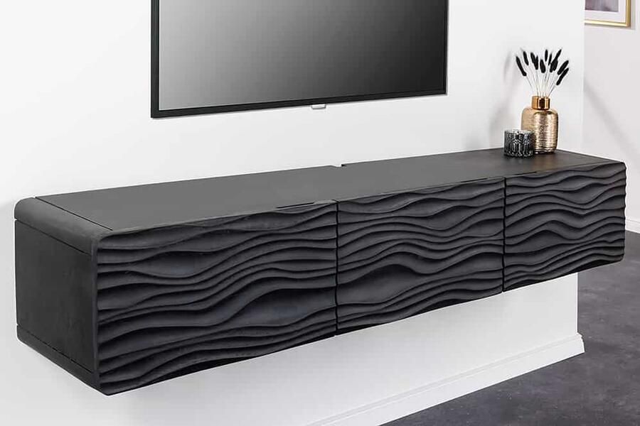 Invicta Interior Design TV-Board WAVE 160cm zwart mangohout met 3D houtsnijwerk opknoping 43477