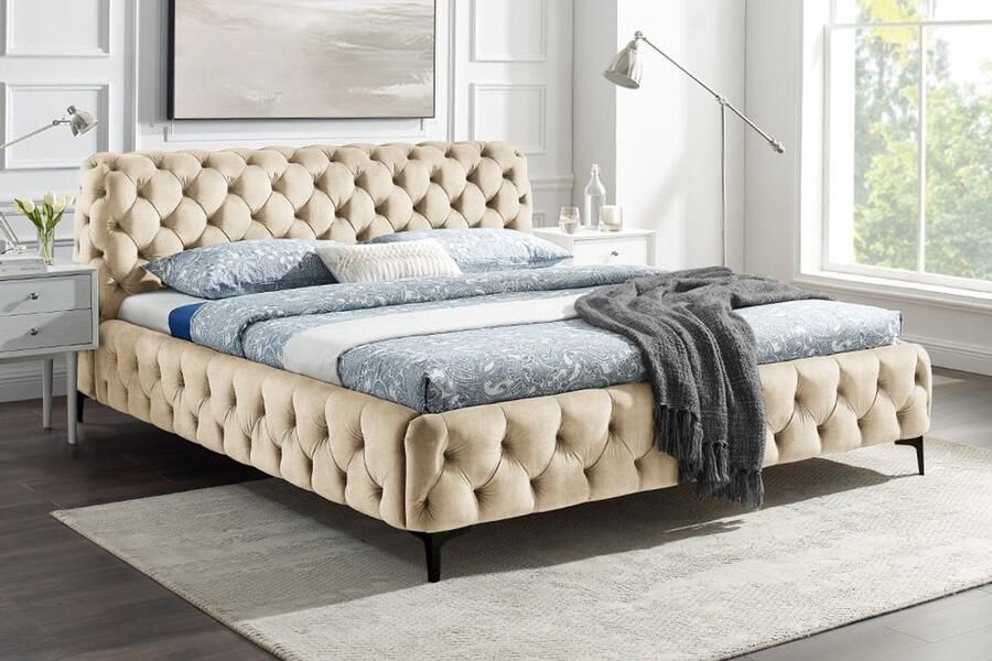 Invicta Interior Design tweepersoonsbed MODERN BAROK 180x200cm champagne gestructureerd fluweel Chesterfield 43256