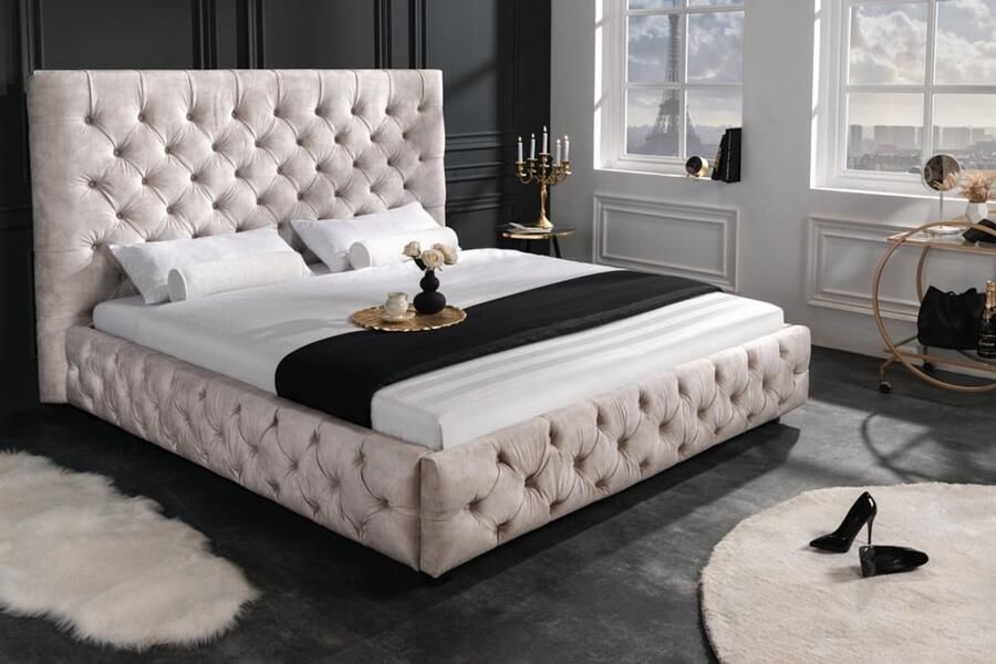 Invicta Interior Design tweepersoonsbed PARIS 180x200cm champagne fluweel Chesterfield gestoffeerd bed 43105
