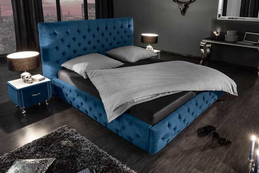 Invicta Interior Design tweepersoonsbed PARIS 180x200cm donkerblauw fluweel Chesterfield 40556