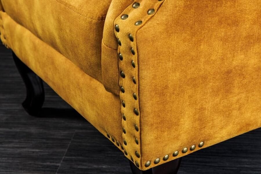 Invicta Interior Design vleugelfauteuil CHESTERFIELD 85cm mosterdgeel fluweel knoopstiksel veerkern 41444 - Foto 2