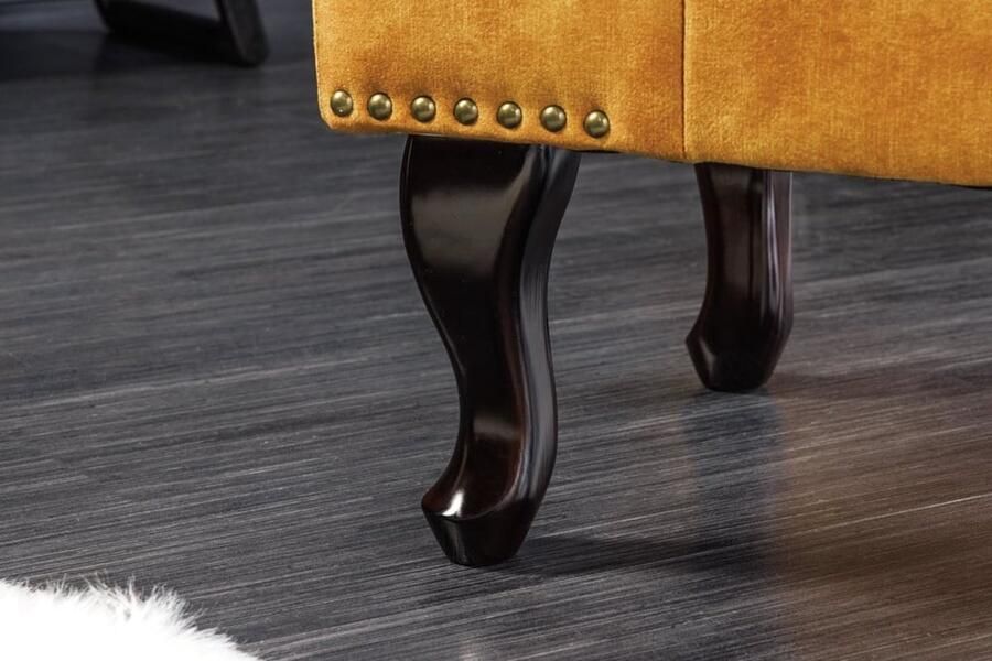 Invicta Interior Design voetenbank CHESTERFIELD 80cm mosterdgeel fluweel knoopstiksel klinknagelrand 41445 - Foto 3