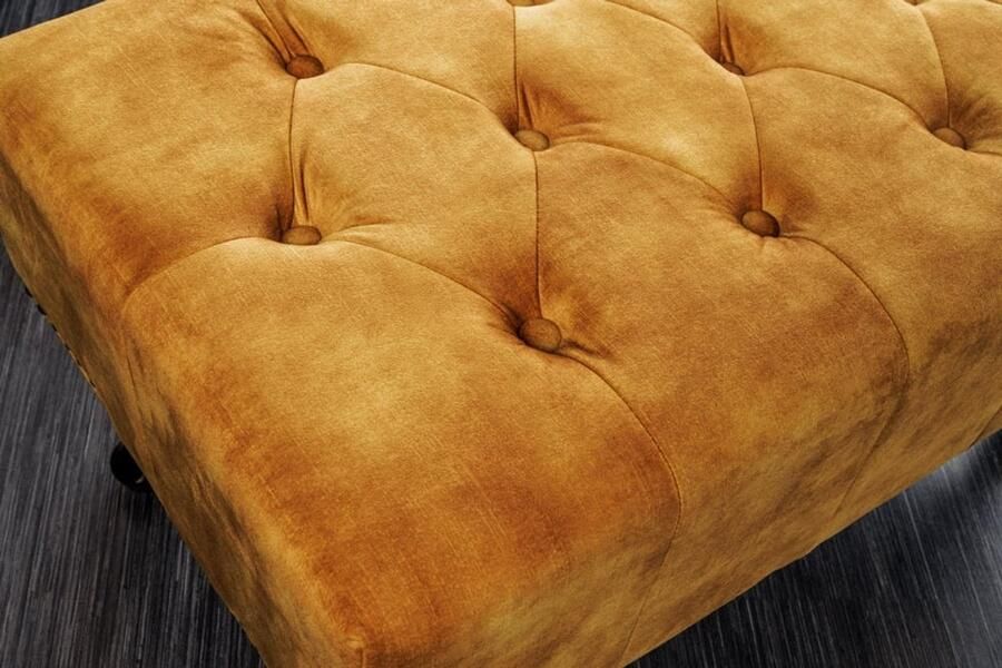 Invicta Interior Design voetenbank CHESTERFIELD 80cm mosterdgeel fluweel knoopstiksel klinknagelrand 41445
