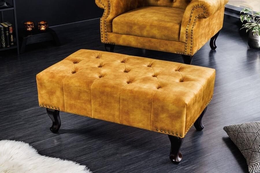 Invicta Interior Design voetenbank CHESTERFIELD 80cm mosterdgeel fluweel knoopstiksel klinknagelrand 41445 - Foto 3