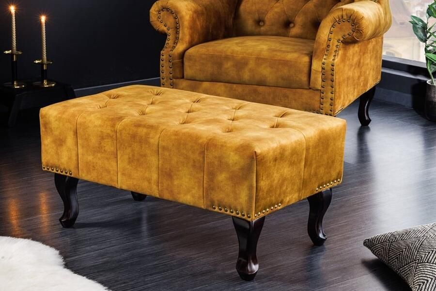 Invicta Interior Design voetenbank CHESTERFIELD 80cm mosterdgeel fluweel knoopstiksel klinknagelrand 41445 - Foto 4