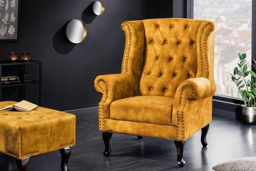 Invicta Interior Design vleugelfauteuil CHESTERFIELD 85cm mosterdgeel fluweel knoopstiksel veerkern 41444
