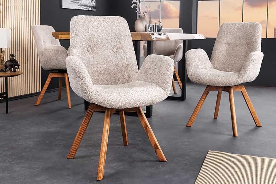 Invicta Interior Draaibare design stoel BALTIC beige Boucle naturel eiken massief houten poten met armleuning 44199
