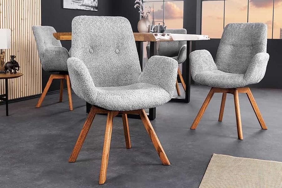 Invicta Interior Draaibare design stoel BALTIC grijs Boucle naturel eiken massief houten poten met armleuning 44200