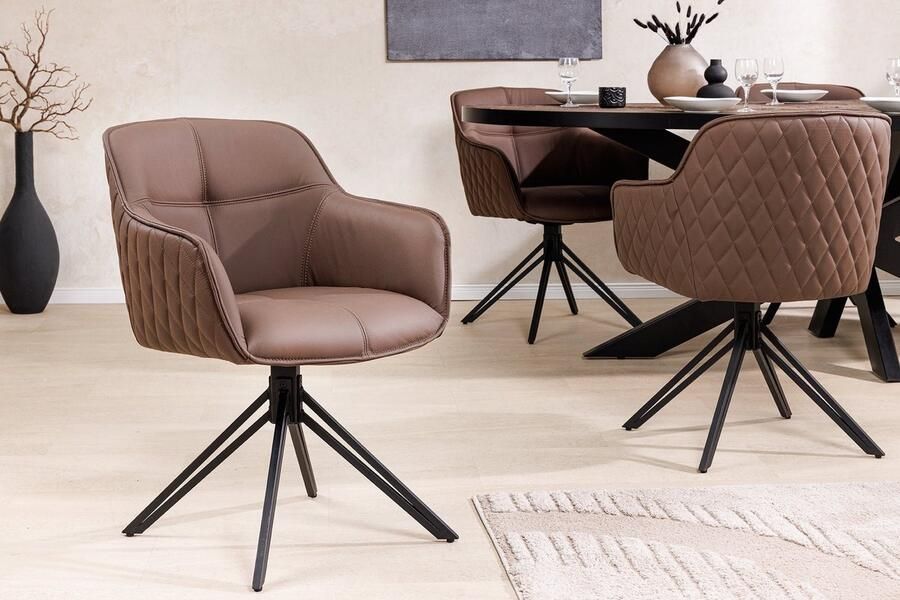 Invicta Interior Draaibare Design Stoel EUPHORIA Bruin Echt Leer Zwart Metalen Frame met Armleuning 45861