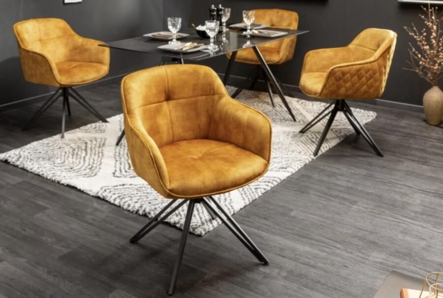 Invicta Interior Draaibare designstoel EUPHORIA mosterdgeel fluweel met armleuning metalen frame zwart 40260