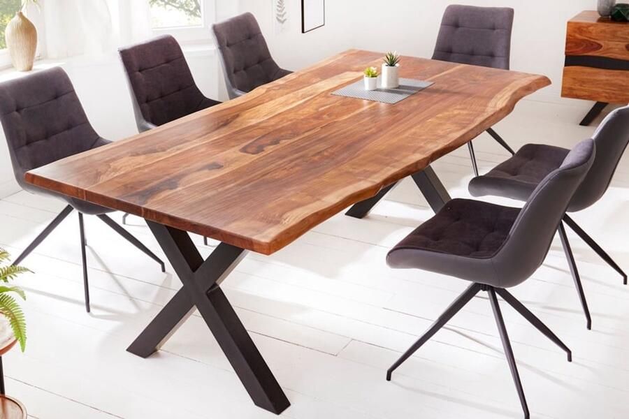 Invicta Interior Massief houten eettafel Aurora Splendour NATURE 220cm acacia metalen frame zwarte boomrand 6cm tafelblad