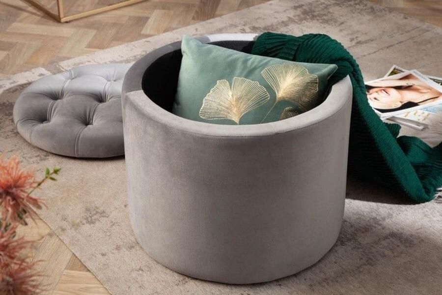 Invicta Interior Elegante kruk MODERN BAROQUE 50cm zilvergrijze fluwelen opbergmand 40735