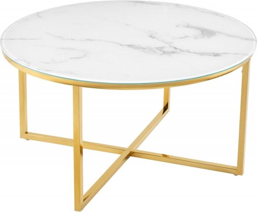 Invicta Interior Elegante salontafel BOUTIQUE 80 cm wit rond kristalglas met marmeren decor gouden frame 42160