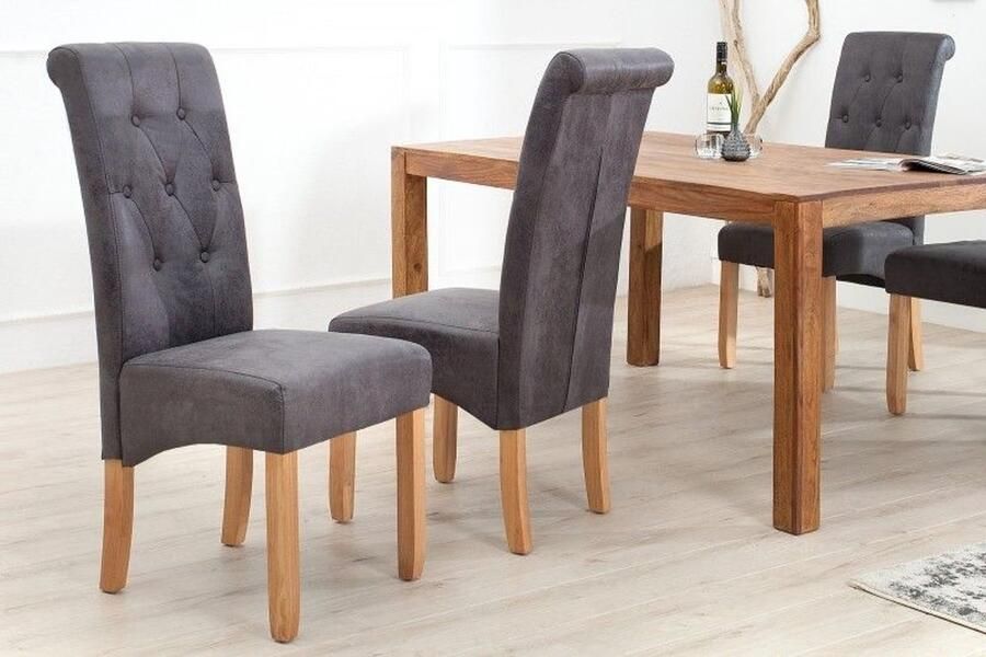 Invicta Interior Elegante stoel CASA vintage grijs met decoratieve knopen massief houten poten 37293