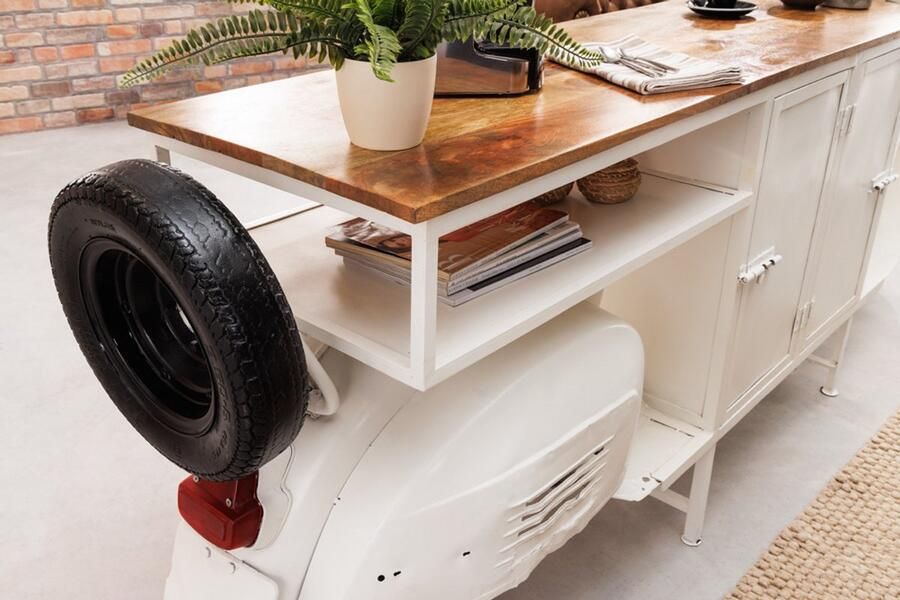 Invicta Interior Extravagante barkast SCOOTER 250cm witte retro console scooter met mangohout upcycling 42104