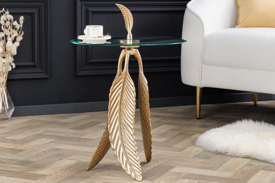 Invicta Interior Extravagante bijzettafel FEATHER 65cm goudkleurig glazen blad handgemaakt rond 42720 - Foto 4