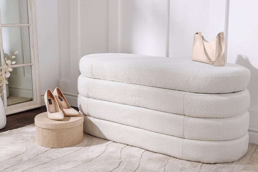 Invicta Interior Extravagante gestoffeerde bank VOGUE 115cm crèmewit Bouclé bank met opbergruimte 43387