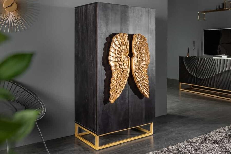 Invicta Interior Extravagante hoge kast ANGEL 140 cm zwart mangohout met gouden vleugels 40056 - Foto 2